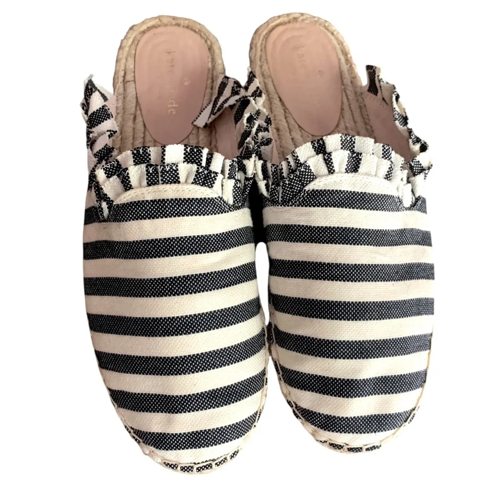 Kate Spade Laila Black Cream Striped Ruffle Trim Espadrille Mules Coastal Sz 9
